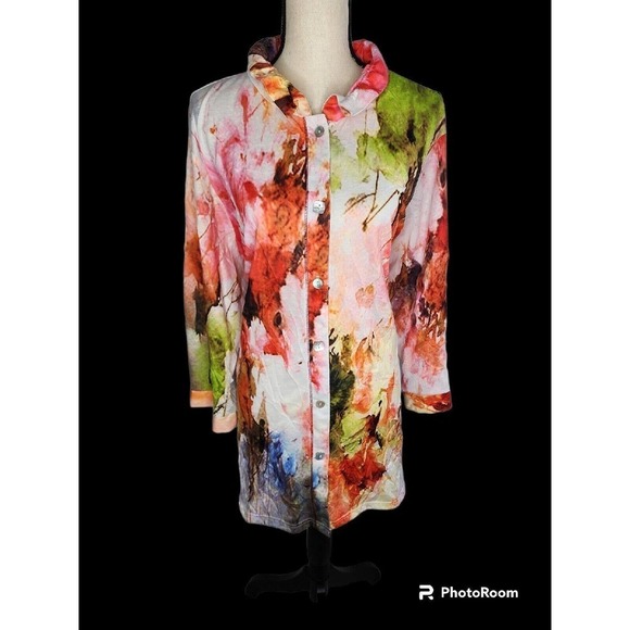 Parsley & Sage Top Watercolor Floral Art to Wear Sculptural Crinkle Gauze 2XL - Picture 2 of 9